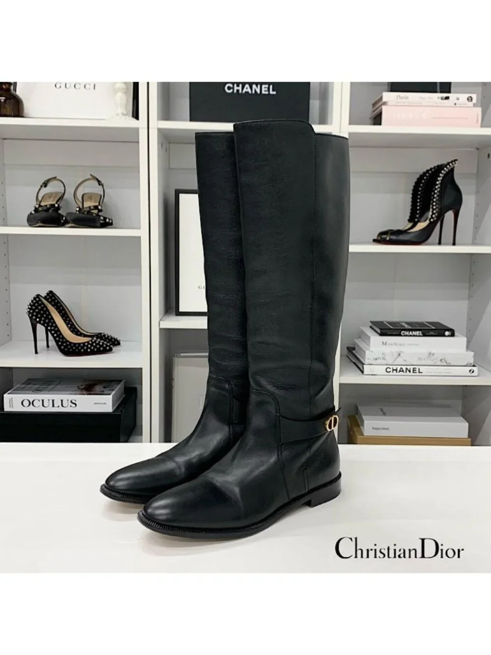 Dior Logo Leather Long Boots Black